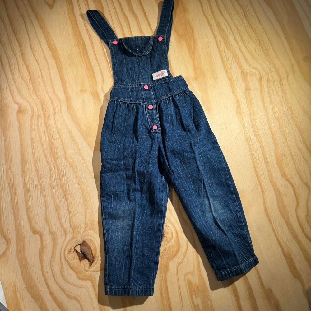 Stone Apparel Vintage Girls 3T Blue Denim Overalls Pink Snaps Made in USA